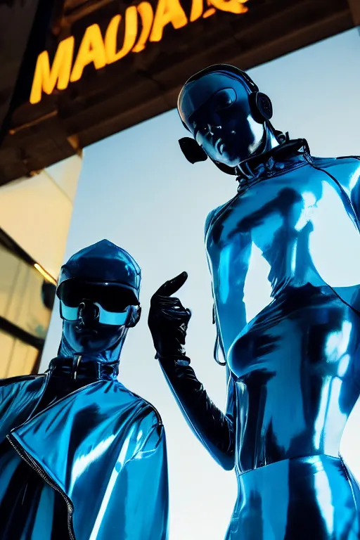 Image similar to close-up, low angle blue hour, twilight, cool, portrait Kodachrome, ISO1200, two cyberpunk model men with black eyes and visible faces wearing latex catsuit and lots of transparent and cellophane accessories