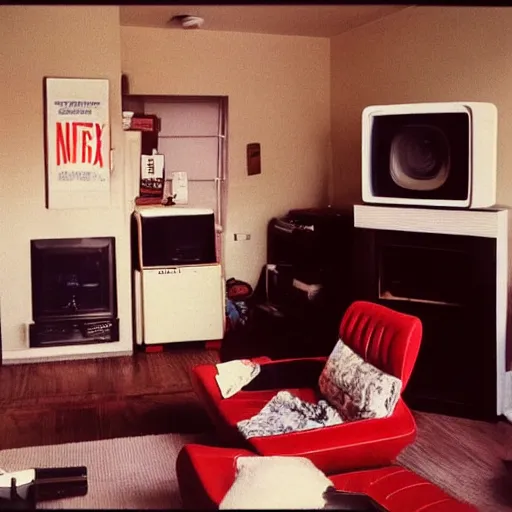 Image similar to a living room in 1982 A square CRT TV is on, with Netflix on the screen!!!!! The only light in the room is the light from TV. Polaroid photograph