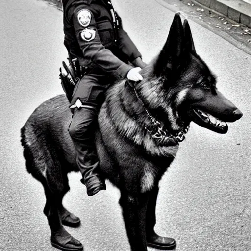 Image similar to police officer riding a giant German shepherd in the city, trending on artstation