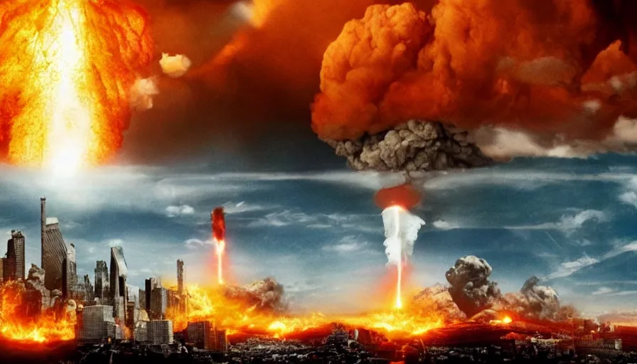 Image similar to big budget action movie about a nuclear explosion destroying a city