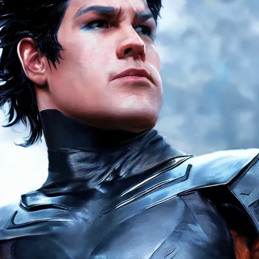 Image similar to close up of nightwing in full leather armor, cinematographic shot, by daniel f. gerhartz