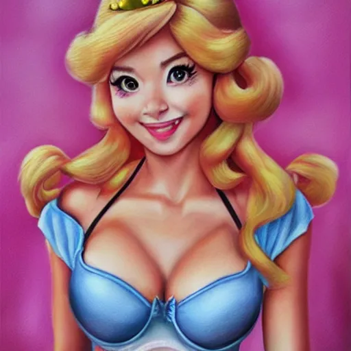 Prompt: hyper realistic princess peach portrait, tight push up bra, large bust