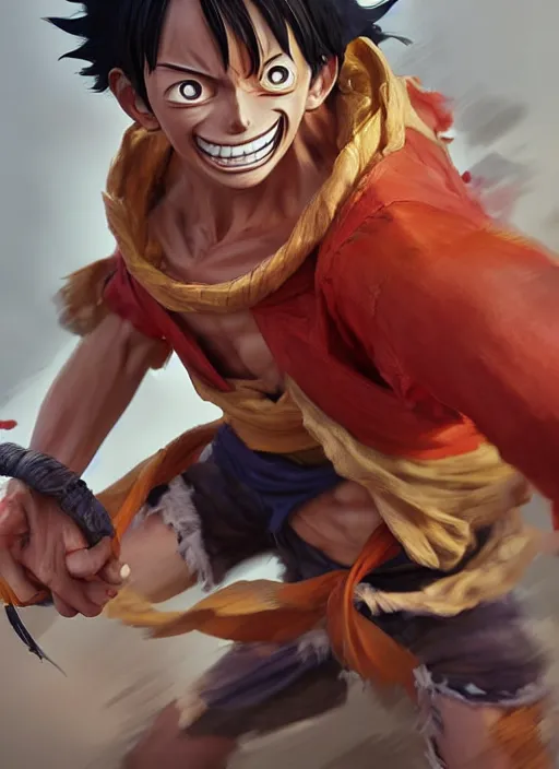 Prompt: a professional digital art of luffy, concept art, sharp detail, smooth render, art style by Ruan Jia and Mandy Jurgens and Ian Spriggs and William-Adolphe Bouguerea