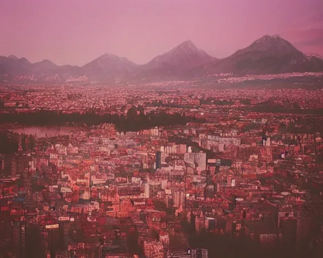 Image similar to calm and soft city view with bokeh, mountains in a city, fantasy world, magic perspective photo, calm lighting, soft world, pleasant, kodak portra 8 0 0