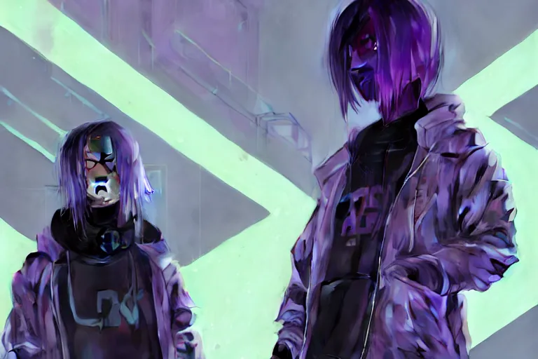 Prompt: very cool purple grey hair girl wearing streetwear, techwear, arcane, cyberpunk style outfit, full body portrait, atmospheric lighting, detailed portrait, volumetric cinematic lighting, intricate complexity, by greg rutkowski, cushart krentz, artgerm, ross tran, conrad roset, takato yomamoto, ilya kuvshinov. 4 k, portrait lighting