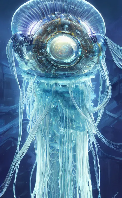 Image similar to Panorama hyper detailed painting of a cyberpunk jellyfish, blue tones, underwater, 8 mm, highly detailed, digital painting, artstation, concept art, smooth, sharp focus, illustration, art by artgerm and greg rutkowski and alphonse mucha