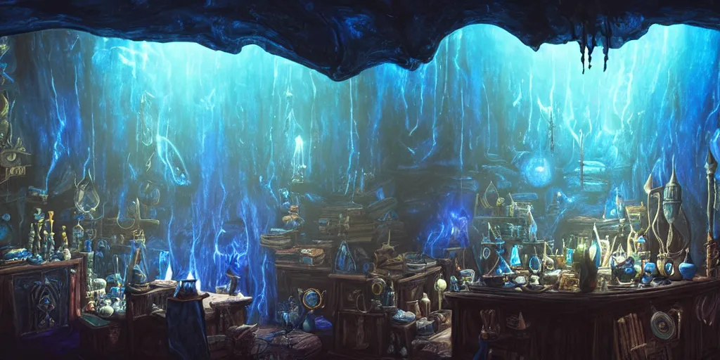 Image similar to interior of a dark wizards sanctum, blue light, cluttered with magical objects, spell books, potions, dramatic lighting, epic composition, wide angle, by miyazaki, nausicaa ghibli, breath of the wild