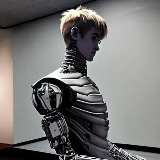 Image similar to “a realistic detailed photo of a guy who is an attractive humanoid who is half robot and half humanoid, who is a male android, twitch streamer Ninja Tyler Blevins, shiny skin, posing like a statue, blank stare, gaming room”