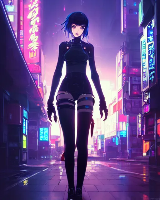 Image similar to Beautiful full body portrait of beautiful cyberpunk anime woman by Greg Rutkowski and Krenz Cushart and Pan_Ren_Wei and Hongkun_st and Bo Chen and Enze Fu and WLOP and Alex Chow, Madhouse Inc., anime style, crepuscular rays, set in rainy futuristic cyberpunk Tokyo street, dapped light, dark fantasy, feminine figure, smooth skin, gorgeous, pretty face, beautiful fashion model body, high detail, hyper realistic, cgsociety, trending on artstation