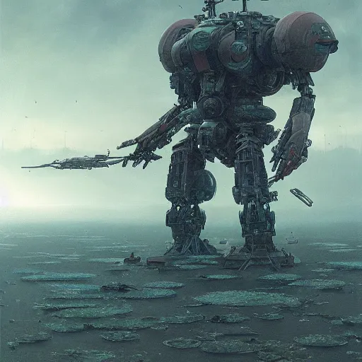 Prompt: waterlily combat mecha, sci - fi movie, cinematic compositions, highly detailed, photorealistic, 8 k, illustration, retrofuturism, by beksinski, rutkowski and stalenhag