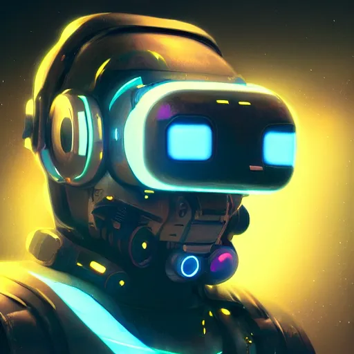 Image similar to cyberpunk concept cool cyborg bot, cinema 4 d, galaxy, cosmos, ufo, space sci - fi, wearing vr goggles, illustration, portrait, pastel neon textured background night, trending on artstation, greg rutkowski, octane rendered, 1 2 k, detailed,