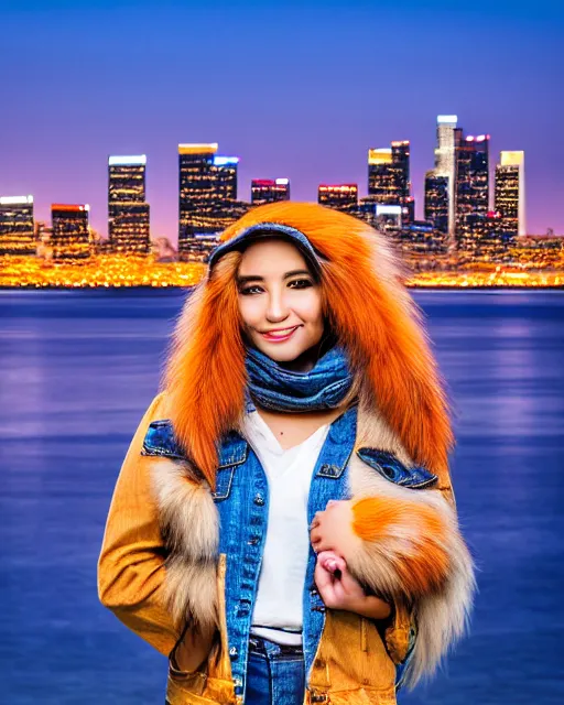 Image similar to photorealistic photo of anthropomorphic female fox animal dressed in jean jacket and scarf, fox animal, los angeles skyline in background, 8 5 mm f / 1. 4,