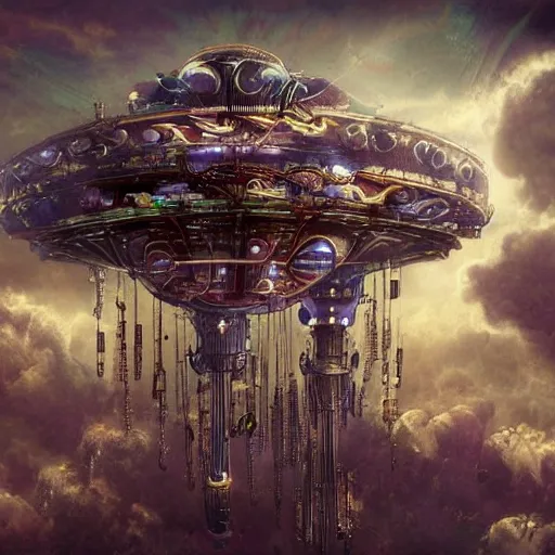 Image similar to flying city in a mechanical flower, sky, fantasy art, steampunk, masterpiece