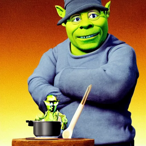 Image similar to Walter White cooking with Shrek, concept art, hyperrealistic, professional photograph