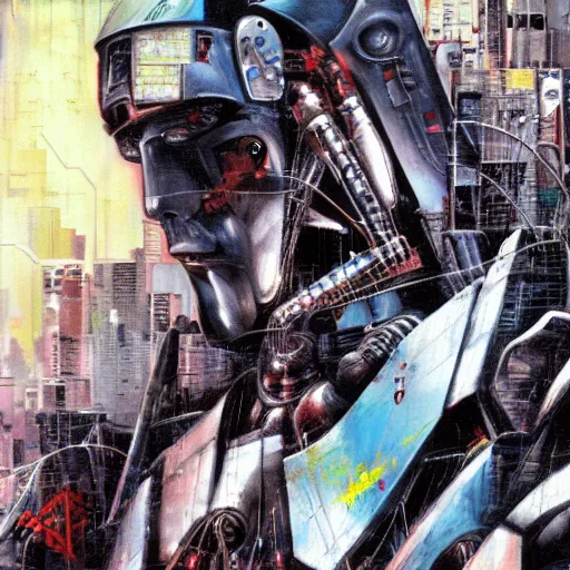 Image similar to a full-metal neon robot sobs when seeing the devastation of cyberpunk Santiago of Chile, oil on canvas by Yoji Shinkawa and Dave McKean