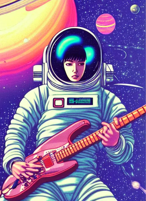 Image similar to realistic portrait of vaporwave cyberpunk astronaut playing an electric guitar floating in front of saturn, futuristic, highly detailed, 8 0 - s style poster, sharp focus, illustration, art by kawase hasui,