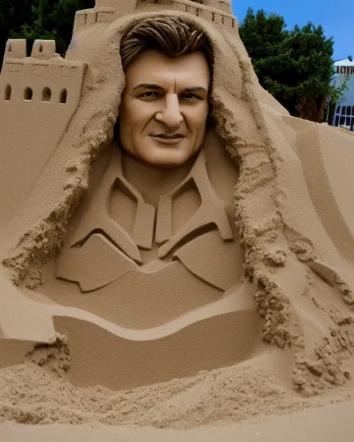 Image similar to a detailed sandcastle with the face of nathan fillion