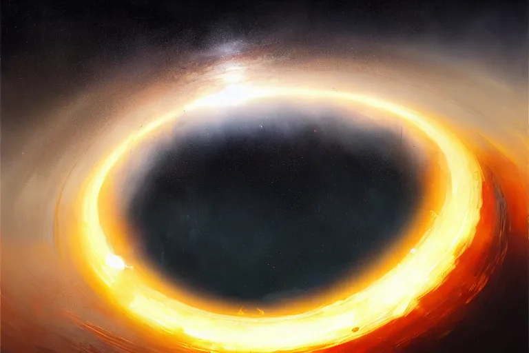 Image similar to a beautiful oil painting of the event horizon of a black hole, orange, warping, detailed, beautiful, awe - inspiring, bright, by greg rutkowski, trending on artstation