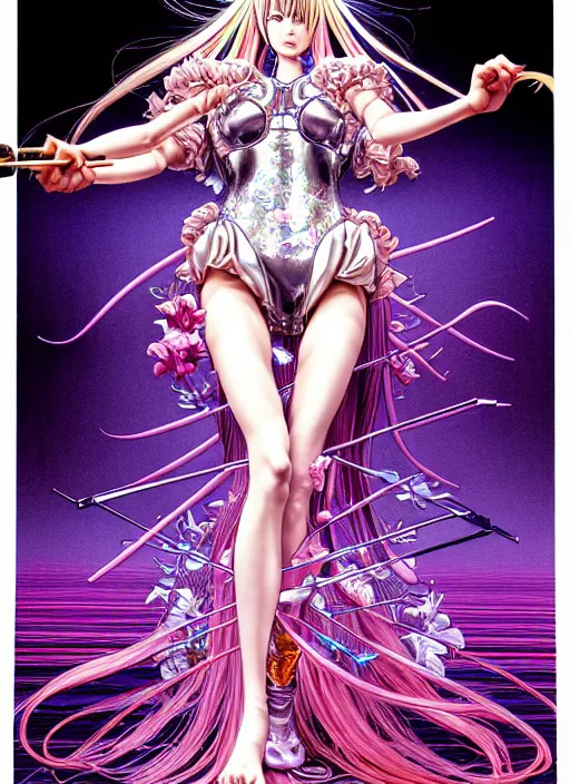 Image similar to highly detailed hajime sorayama terada katsuya artstation manga poster of girl mechine, rainbow gradient reflection bloom, long hair, weapon, armor, dress, laces, ruffles, 8 k, maximalist, ayami kojima, alphonse mucha