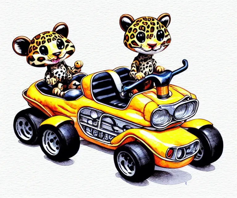 Image similar to cute and funny, baby leopard riding in a tiny go kart with oversized engine, ratfink style by ed roth, centered award winning watercolor pen illustration, isometric illustration by chihiro iwasaki, edited by range murata, tiny details by artgerm and watercolor girl, symmetrically isometrically centered