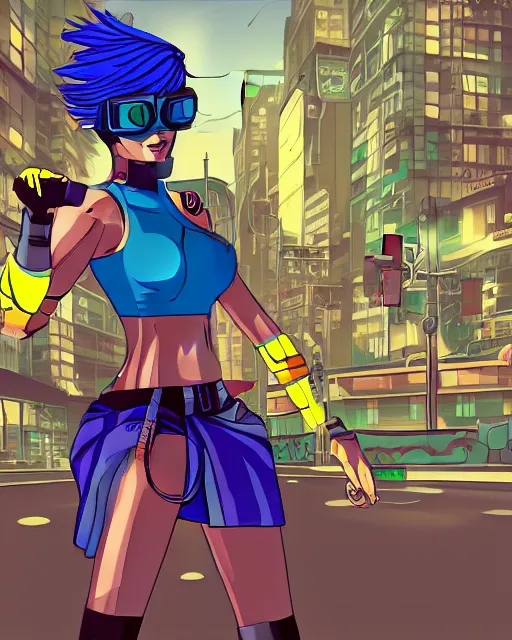 Image similar to cel shaded art of a pretty blue haired girl, jet grind radio graphics, cyberpunk city street background