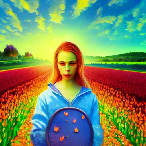 Image similar to large tulip face, girl frontal in a flower field, surreal photography, sunrise dramatic light, impressionist painting, colorful clouds, digital painting, artstation, simon stalenhag, flower face