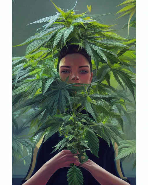 Image similar to an ultradetailed beautiful portrait panting of an anthropomorphic marihuana plant, front view, oil painting, by ilya kuvshinov, greg rutkowski and makoto shinkai