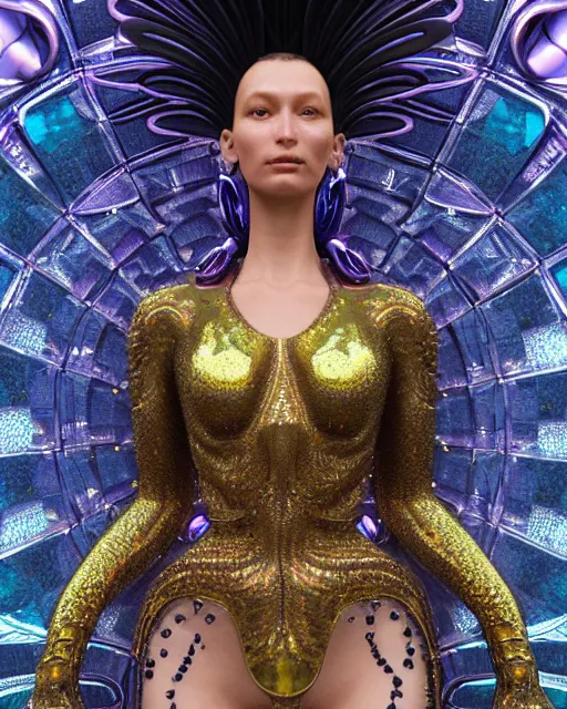 Image similar to a highly detailed metahuman 4 k close up render of an alien goddess bella hadid statue in iris van herpen dress schiaparelli in diamonds crystals swarovski and jewelry iridescent in style of alphonse mucha gustav klimt trending on artstation made in unreal engine 4