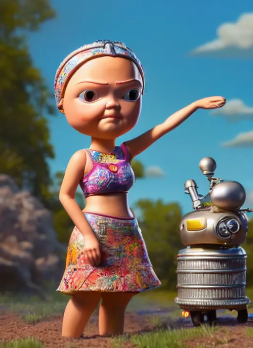 Image similar to highly detailed closeup, profile portrait of a tin toy greta thunberg wearing a bikini and mini - skirt, unreal engine, nicoletta ceccoli, mark ryden, earl norem, lostfish, global illumination, detailed and intricate environment