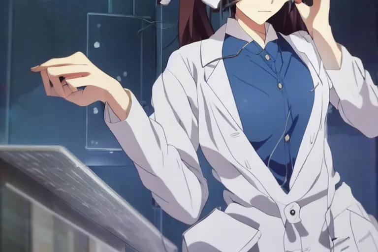 Image similar to a cute and beautiful young lady, a radiologist wearing white coat in a hospital ward, highly detailed, slice of life anime, anime scenery by Makoto shinkai