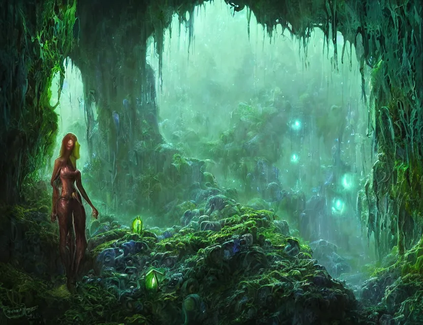 Prompt: a woman in a lovecraftian eldritch cave with crystals and lush vegetation. this airbrush painting by the award - winning concept artist has dramatic lighting, an interesting color scheme and great sense of depth.