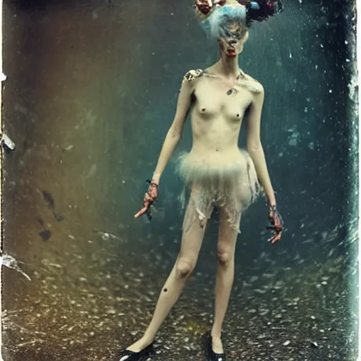 Prompt: damaged kodak portra 4 0 0, wetplate, photo of a surreal artsy dream scene,, very beautiful model, weird fashion, grotesque, extravagant dress, strange pose, carneval, with an animal, wtf, photographed by paolo roversi style n 4