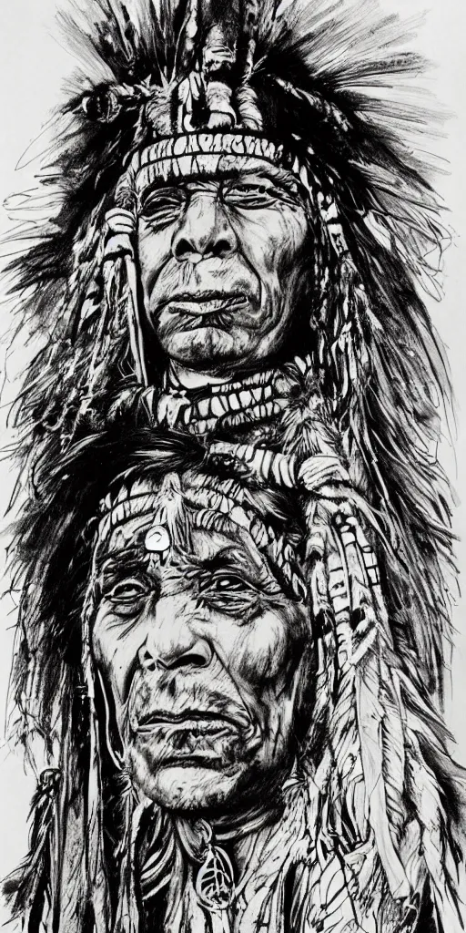 Image similar to a detailed loose wild messy ink sketch portrait of a Native American shaman in the style of Ralph Steadman, caricature, dramatic