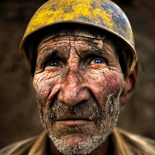 Image similar to A beautiful high quality portrait photo of an old puruvian mine worker with wrinkles, dirty face, helmet, by Steve McCurry, dramatic lighting and colors