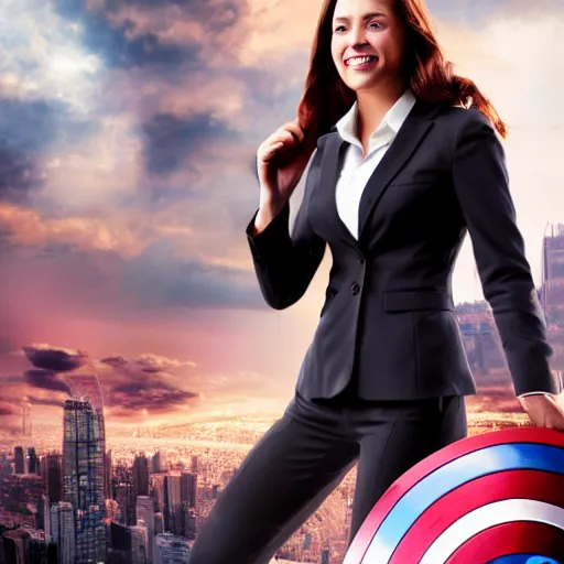 Image similar to a girl talking on a phone, wearing business clothes, marvel movie poster style, 8 k