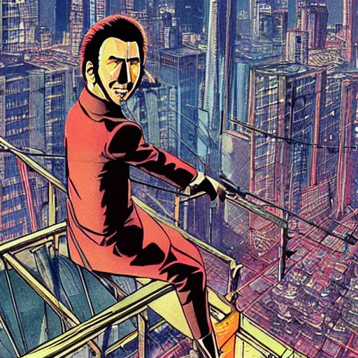 Image similar to Nic Cage sitting high atop the city on the edge of a building, cyberpunk, cel illustration, exquisitely detailed, Monkey Punch, Hayao Miyazaki, Kazuma Kaneko