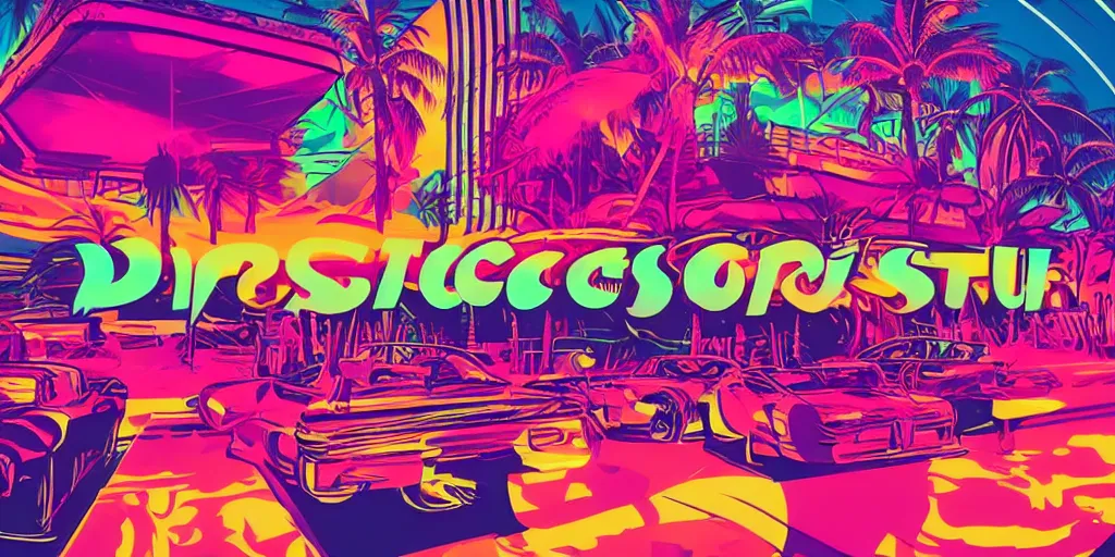 Image similar to discotheque in miami, retro - wave art, synthwave, outrun style