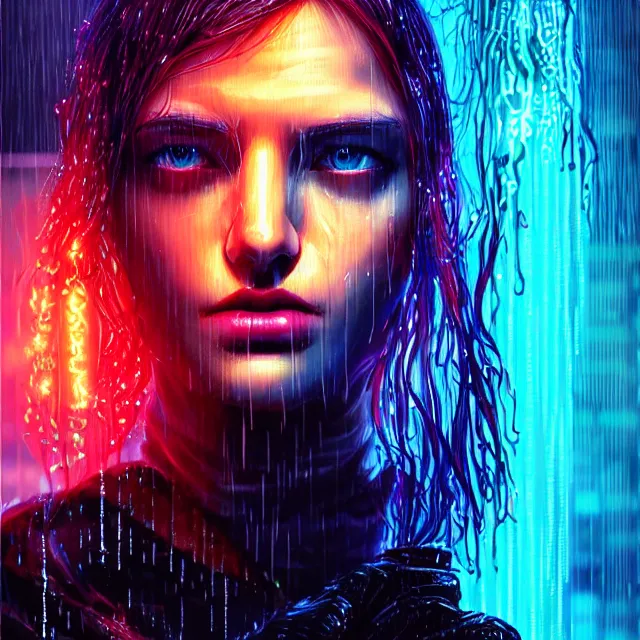 Image similar to bright asthetic portrait LSD glowing backlit rain on face and wet hair, cyberpunk, overhead lighting, fantasy, intricate, elegant, dramatic lighting, highly detailed, lifelike, photorealistic, digital painting, artstation, illustration, concept art, smooth, sharp focus, art by John Collier and Albert Aublet and Krenz Cushart and Artem Demura and Alphonse Mucha