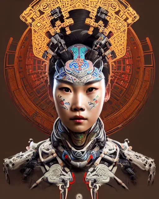 Image similar to portrait of a machine from horizon zero dawn, machine face, upper body, decorated with chinese opera motifs, asian, traditional chinese art, intricate, elegant, highly detailed, digital painting, artstation, concept art, smooth, sharp focus, illustration, art by artgerm and greg rutkowski and alphonse mucha, 8 k