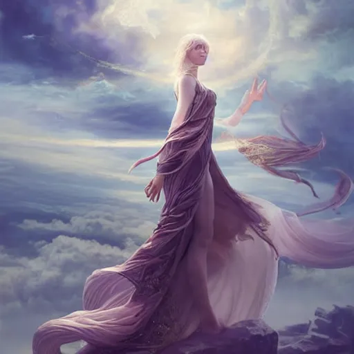 Image similar to a beautiful sorceress floating on air with elegant looks, flowing robe, ornate and flowing, intricate and soft by miho hirano, ruan jia, tom bagshaw,, wlop, beautiful roman architectural ruins in the background, epic sky, half body shot, vray render, artstation, deviantart, pinterest, 5 0 0 px models