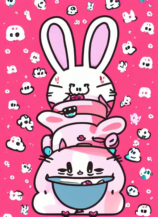 Image similar to amazingly detailed semirealism, anthropomorphic pink rabbit character wearing a black bucket hat. Cute, kawaii, Cooky, bt21, Sanrio inspired. Beautiful artwork, Rabbt_character, rabbit_bunny, 獣, iconic character splash art, Detailed fur, detailed textures, 4K high resolution quality artstyle professional artists WLOP, Aztodio, Taejune Kim, Guweiz, Pixiv, Instagram, dribbble, ArtstationHD