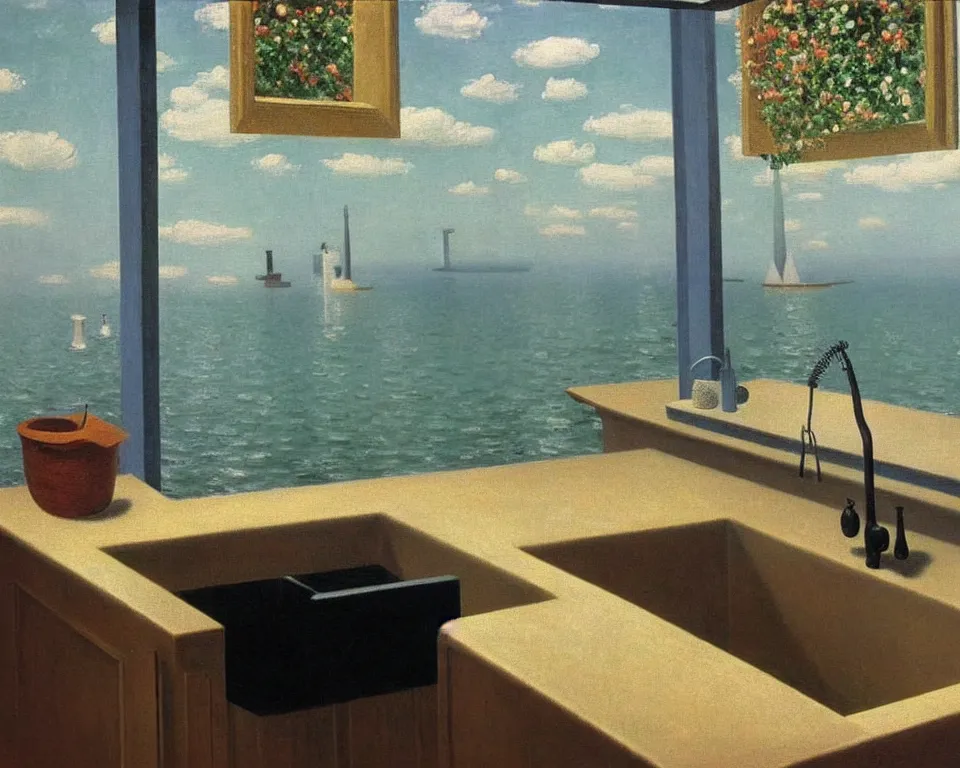 Image similar to achingly beautiful painting of a sophisticated, well - decorated, modern kitchen sink by rene magritte, monet, and turner.