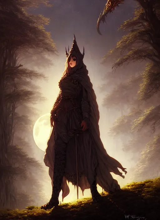 Prompt: full moon, adventurer outfit large cloak, fantasy forest landscape, dragon scales, fantasy magic, dark light night, intricate, elegant, sharp focus, illustration, highly detailed, digital painting, concept art, matte, art by WLOP and Artgerm and Greg Rutkowski and Albert Bierstadt, masterpiece