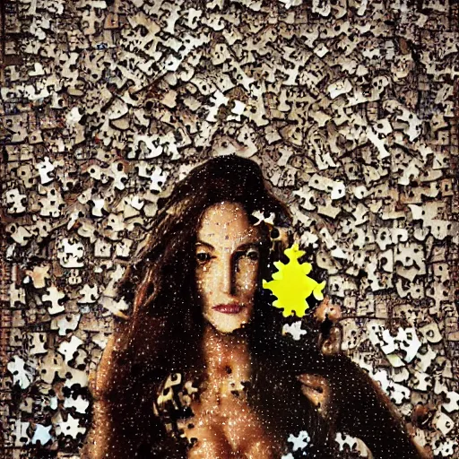 Image similar to A surreal painting of a puzzle of a beautiful woman on a desert beach with scattered puzzle pieces by Salvador Dali, dark vibes, high contrast, cinematic, depth of field