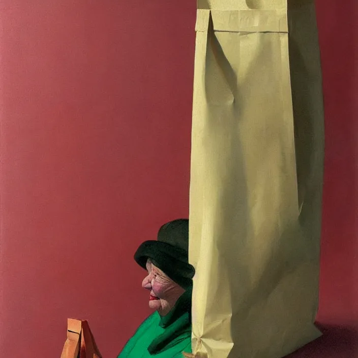 Prompt: melting old fat woman portrait with a white paper bag over the head, dressed in red paper bags, holding stack of green paper bags, highly detailed, artstation, art by edward hopper, zdislav beksinski, wayne barlowe, edward hopper