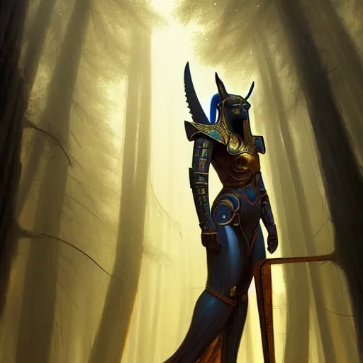 Image similar to long shot photo of humanoid anubis wear in golden heroic armour in the foggy forest, foggy bottom, highly detailed, digital painting, artstation, smooth, sharp focus, illustration, art by artgerm and greg rutkowski and alphonse mucha