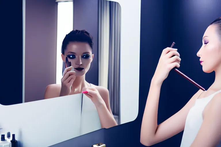 Prompt: beautiful female android, putting on makeup in front of a mirror, bathroom environment