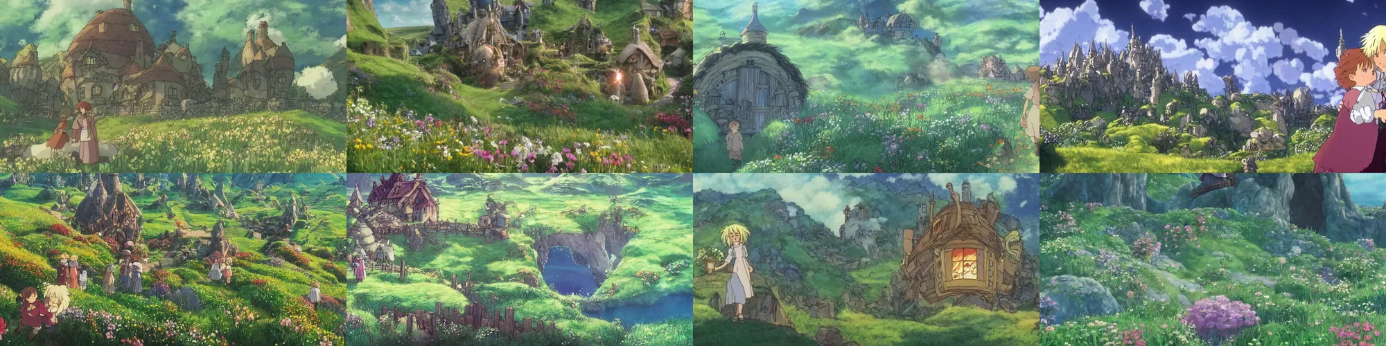 Prompt: a film still from howl's moving castle!!!!! of hobbiton, light bloom, studio ghibli!!!!!