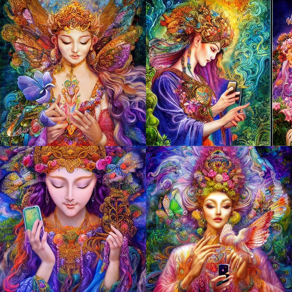 Prompt: goddess of nature checking her phone, magic realism, art by josephine wall, art by huang guangjian, viktoria gavrilenko, art by amanda sage