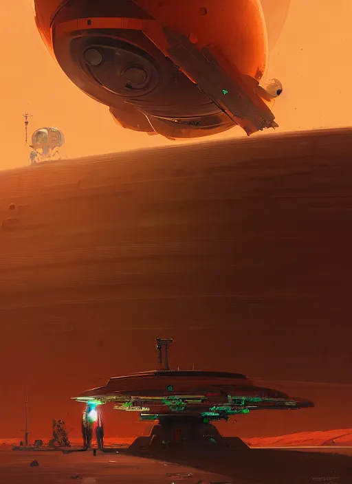 Prompt: cyberpunk cargo starship landing on the orange surface of mars, red and green hour, by ismail inceoglu